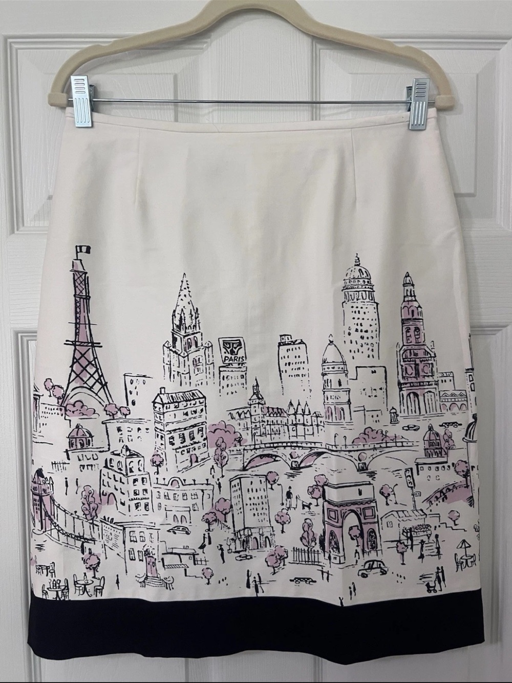 Tahari Arthur S. Levine White Scenic Print A-Line Skirt with Black Hem 8P